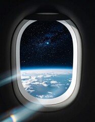 A Celestial Perspective: An extraordinary view from an airplane window, showcasing the serene beauty of the Earth juxtaposed with the mystique of the cosmos