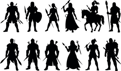 Obraz premium Fantasy RPG Character Silhouette Set Warrior, Mage, and Rogue Line Art Collection