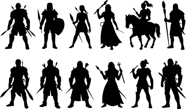 Fantasy RPG Character Silhouette Set Warrior, Mage, and Rogue Line Art Collection