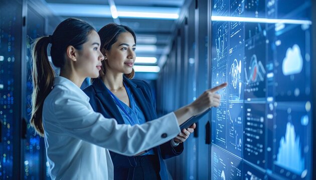 Two professional business women discussing while pointing at digital dashboard in data center, cloud computing infrastructure, modern corporate environment, blue tone lighting, realistic photography, 