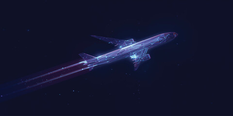 Futuristic Airplane Illustration with Glowing Digital Trails, Night Sky Background and High Speed Aviation Technology Concept Design. © sabia