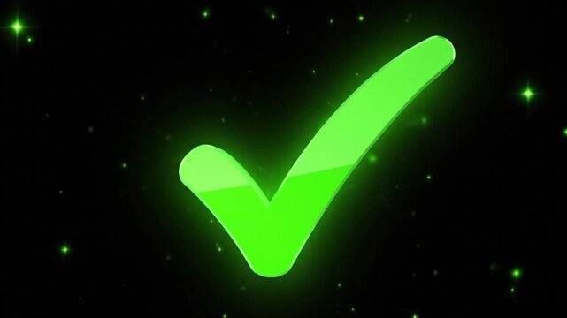 A glowing green 3D checkmark symbol animates with sparkles.