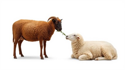 Fototapeta premium A mother sheep feeding her young lamb with affectionate care in a serene setting.