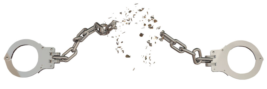handcuffs chains break breaking isolated for background - 3d rendering