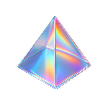 Glass pyramid with iridescent holographic shimmer and rainbow light play, isolated subject