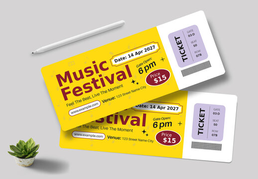 Realistic Music Festival Ticket Design Template