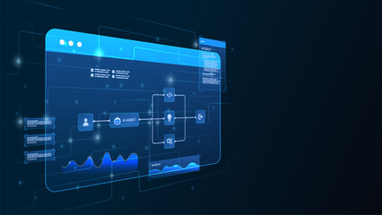 Fototapeta premium AI workflow automation artificial intelligence. ai agent workflow diagram dashboard with node input, flow process, analytic, database and automation system.