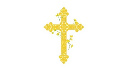 A detailed golden cross with intricate designs and floral accents on a white background