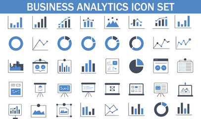 Business analytics icon set with bar charts pie graphs line graphs dashboard reports and financial data visualization symbols, modern infographic vector collection for marketing presentation