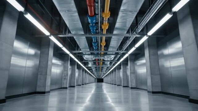 Cinematic Perspective of Symmetrical Industrial Corridor Featuring Extensive Overhead Ventilation Ducts in a Modern Factory Facility with Metallic Infrastructure and Vanishing Point Depth