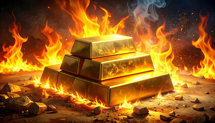 炎に包まれた金塊　投資の過熱感とリスクを象徴するコンセプトイラスト