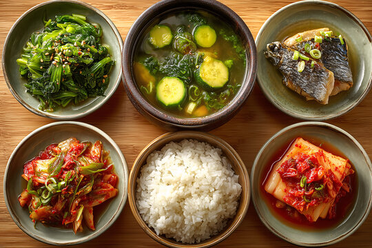 Korean Home Style Dinner with Kimchi, Grilled Fish and Vegetables