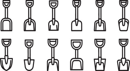 A collection of various shovel designs and shapes illustrated in black and white Vector © Nur