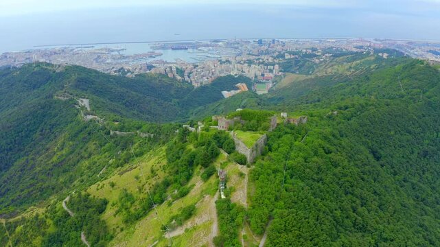 Genoa, Italy. Forte Sperone is a key point of the 19th-century Genoese fortifications and is located on top of the Mura Nuove. View of Genoa. Drone footage, Point of interest