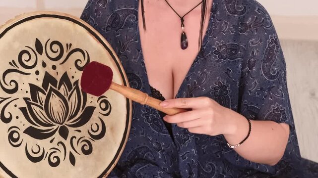 Zen tambourine playing. Spiritual practice. Woman enjoying wellness retreat steam oriental atmosphere for healing mental treatment.