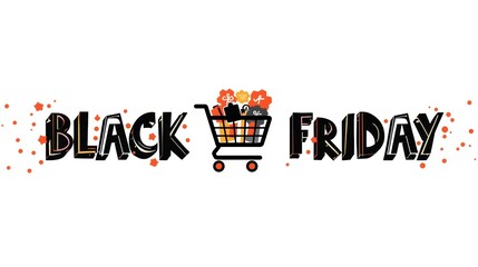 Black friday shopping cart filled with discounted items and festive decorations
