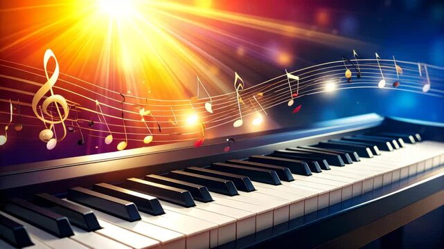 Piano keyboard with musical notes and radiant light in a colorful backdrop