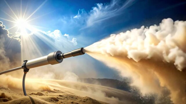 A device ejects a stream of material toward the sky in a bright, sunny scene