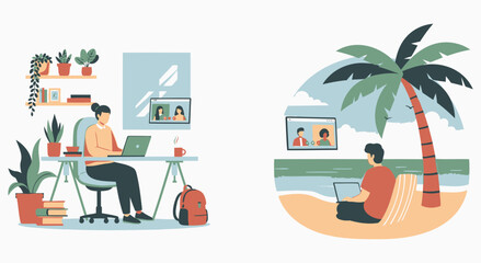 Fototapeta premium Remote work and virtual meetings from home or beach