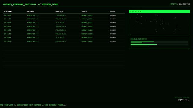 Global Defense Protocol HUD Interface: Secure Link Encryption Log with IP Address Source IDs and Core Load Distribution Graphics on Dark Screen.