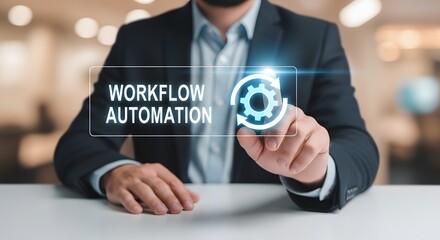 Businessman interacting with workflow automation interface in modern office setting