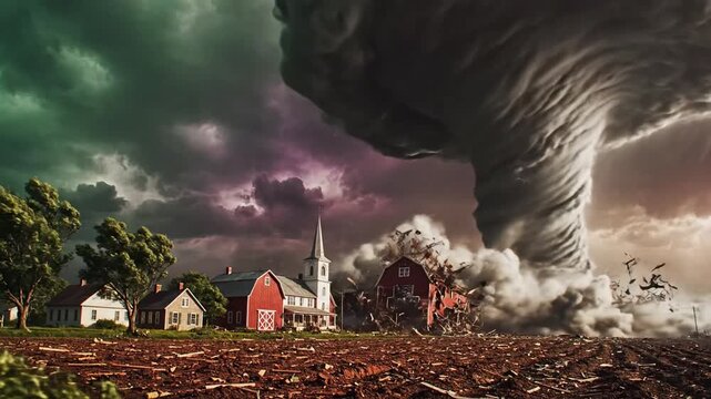 Cinematic slow motion scene of a massive powerful tornado funnel cloud looming over a small rural village under a dark stormy sky during a violent weather catastrophe and natural disaster