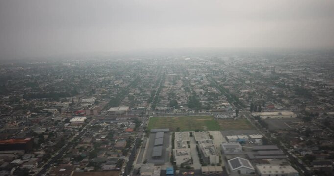 Aerial View of the 405 Freeway in Los Angeles Covered in Smog and Haze