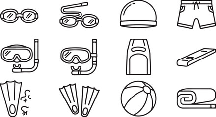Assorted beach and swimming items illustrated in black and white Vector © Nur