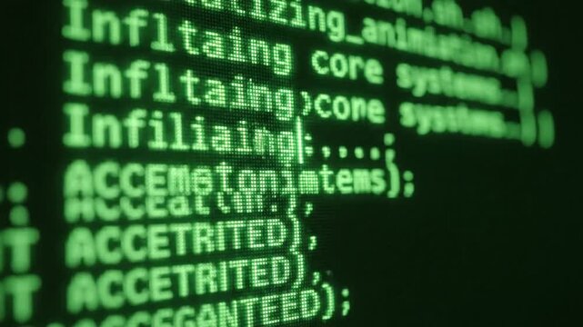 Cinematic slow motion of retro eight-bit pixel art animation featuring neon green shell script text scrolling on a dark black computer terminal screen with vintage digital aesthetic.
