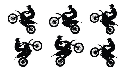 Silhouettes of motocross riders on dirt bikes in various action poses