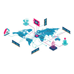 Infographic illustration of a world map with AI boom and RAM impact graphics connected by lines on a white background with a futuristic and technological mood.