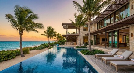 Obraz premium Luxury beachfront villa with infinity pool at sunset