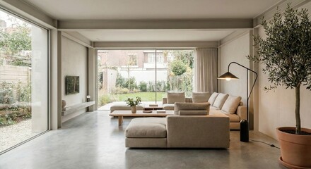 Modern minimalist living room with garden view