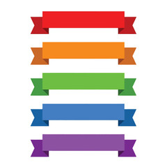 A collection of five colorful, flat design ribbons in red, orange, green, blue, and purple, isolated on a white background.
