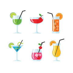 A vibrant collection of six colorful flat design cocktails garnished with fruit and straws, presented against a clean white background.