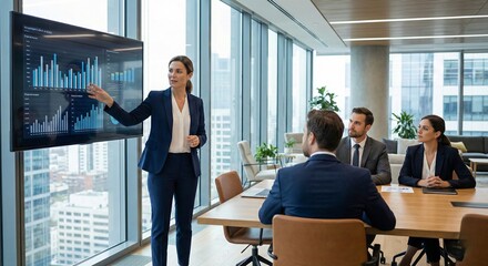 Female executive presenting financial data in modern office