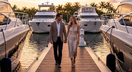 Elegant couple walking on marina pier at sunset
