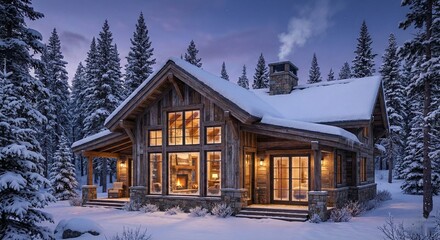 Cozy rustic wooden cabin in snowy winter forest at dusk