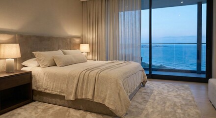 Modern luxury bedroom interior with ocean view