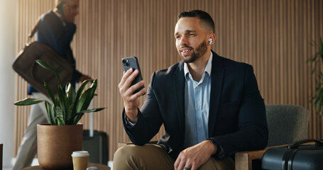Video call, phone and travel with business man in airport lounge for chat, layover update and...