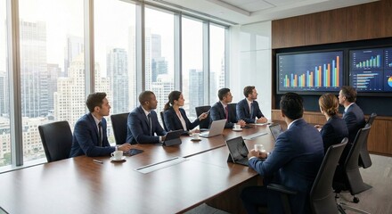 Diverse business team analyzing data in modern boardroom
