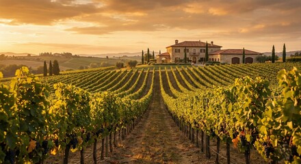 Scenic Tuscan Vineyard and Villa at Sunset