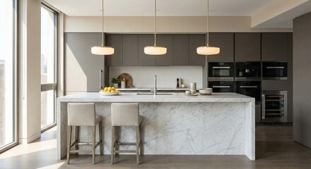 Modern Minimalist Kitchen with Marble Waterfall Island