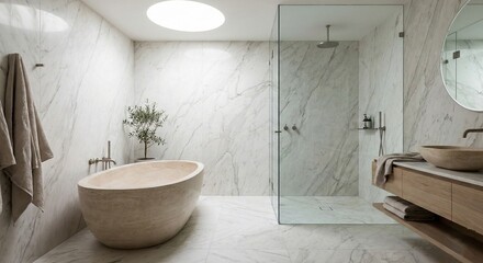 Minimalist luxury bathroom with marble walls and stone bathtub