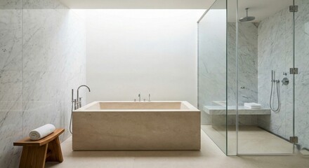Modern Minimalist Bathroom with Stone Bathtub and Shower