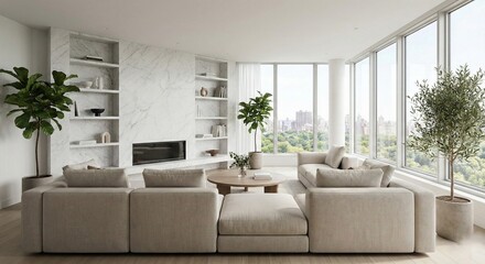 Modern luxury living room with scenic park view