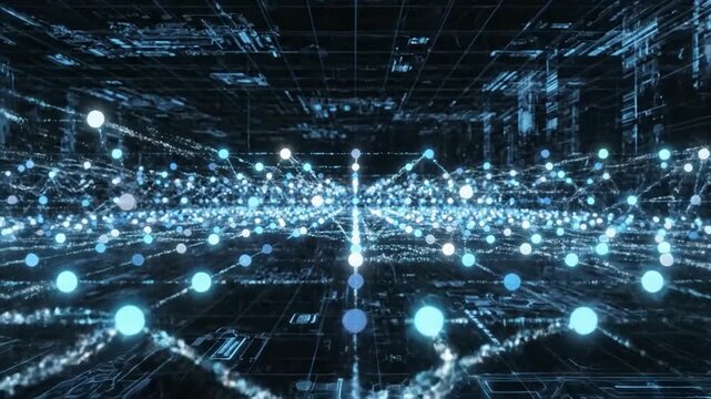 Abstract digital network with glowing blue spheres representing data flow