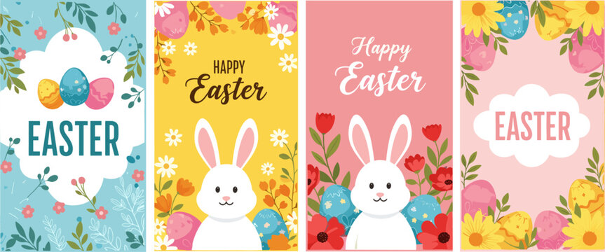 Happy Easter Vertical Banner Set with Cute Bunny, Colorful Eggs, and Spring Flowers Flat Illustration