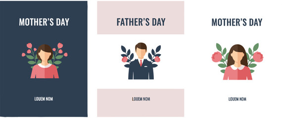 Mother's Day and Father's Day Greeting Cards Set with Flat Illustrations of Parents and Flowers