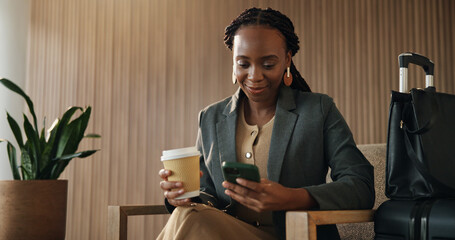 Investor, coffee and black woman in airport, smartphone for online flight schedule and social media. Person, latte and trader in waiting room, cellphone or email for visa application or boarding pass © WesJVR/peopleimages.com